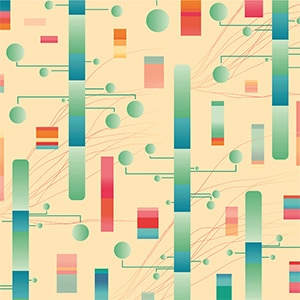 In the cover image, long rectangles, subdivided and shaded with various colors, are set against a beige background. Differently sized circles, representing the number of mutations at each locus, are connected to points along the rectangles. 