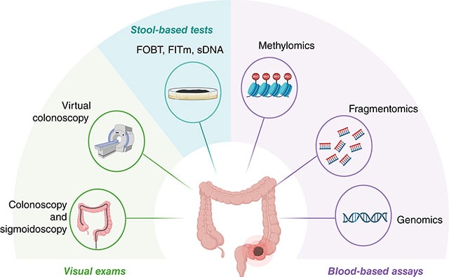 An illustration of a colon is surrounded by icons depicting different visual, stool-based, and blood-based tests for colorectal cancer detection. 